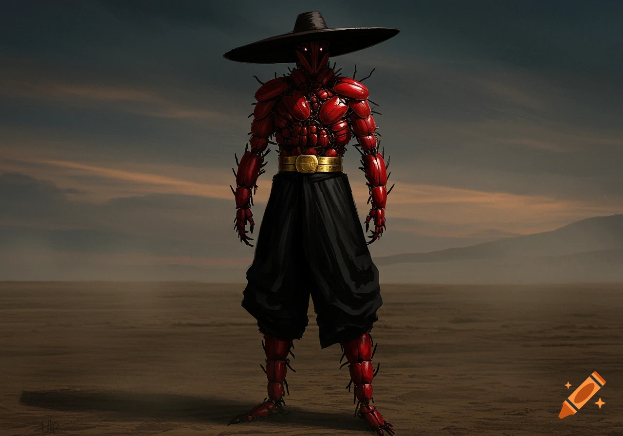 A red beetle warrior in black pants and a wide black hat stands in a desolate landscape at dusk, dark sky above.