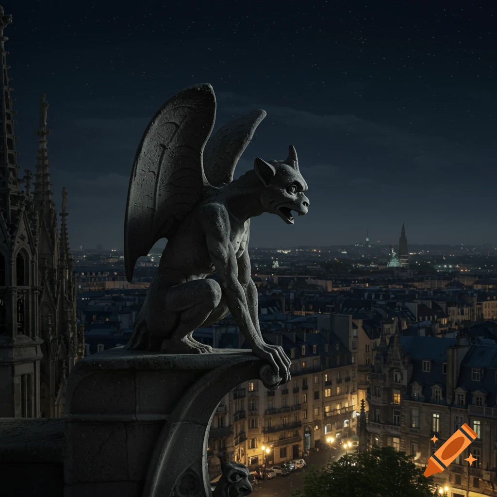 A detailed stone gargoyle perches on a gothic building, overlooking a sprawling city illuminated at night under a starry sky.