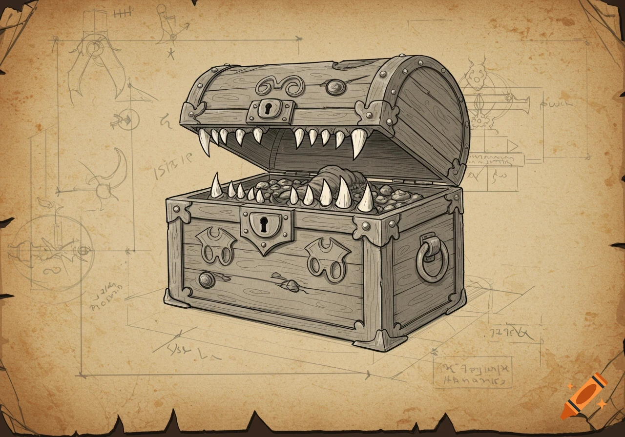 A detailed blueprint sketch of an open wooden treasure chest mimic, revealing its sharp teeth and tongue within a dark interior.