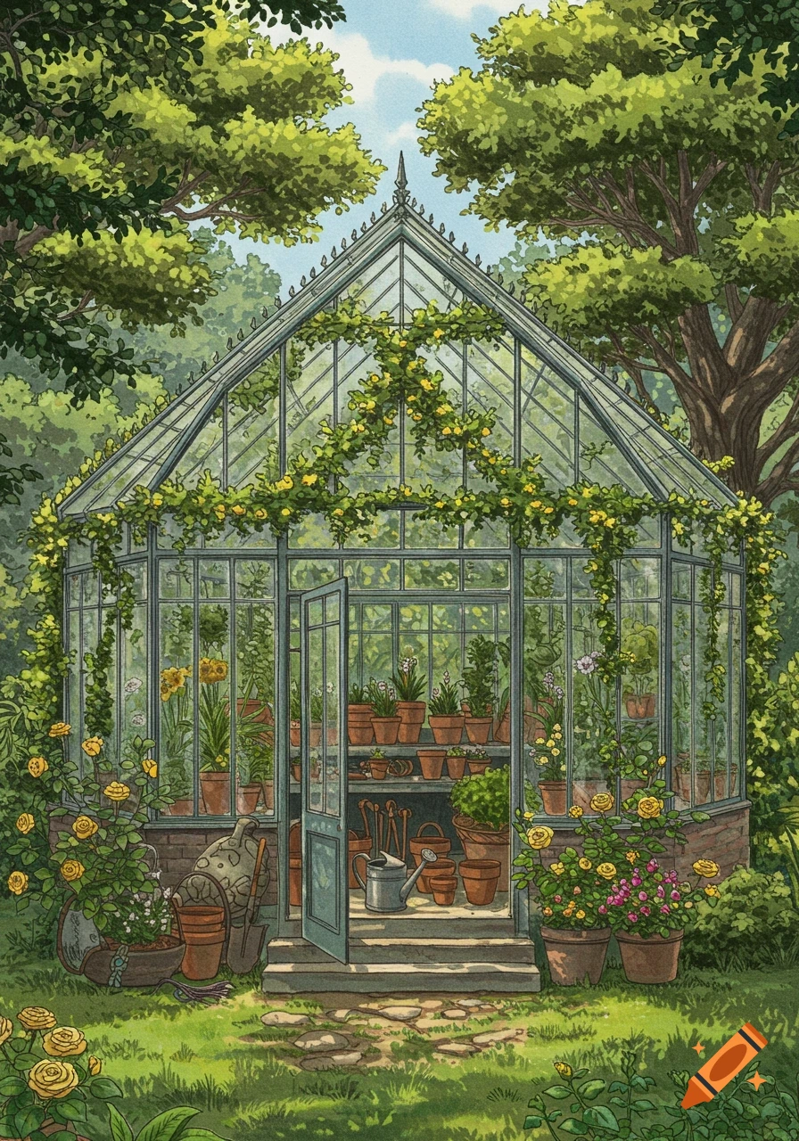 A detailed illustration of a Victorian glass greenhouse covered in yellow roses and ivy, surrounded by lush green trees and garden tools.