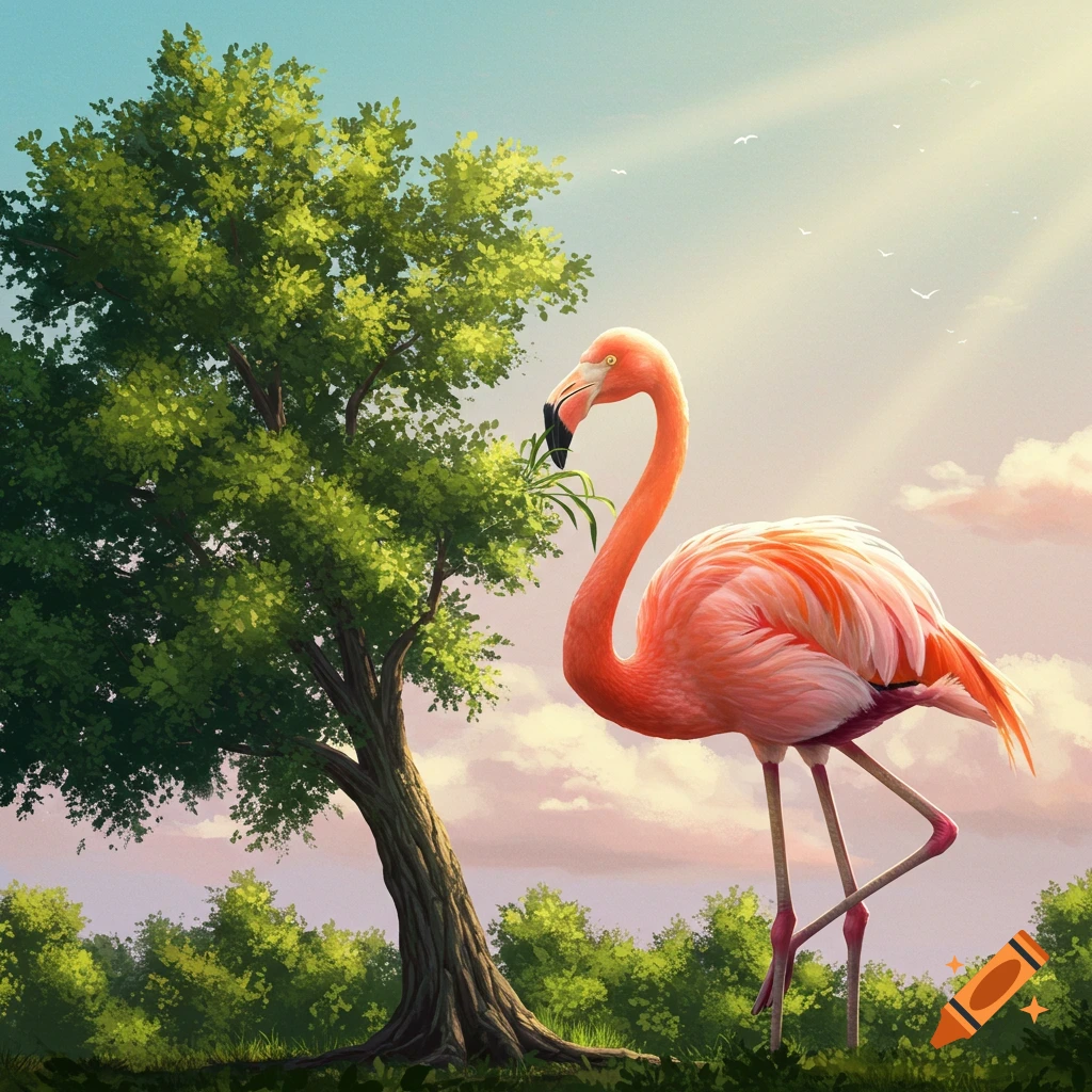 A giant pink flamingo eats leaves from a large green tree under a bright, sunny sky with clouds.