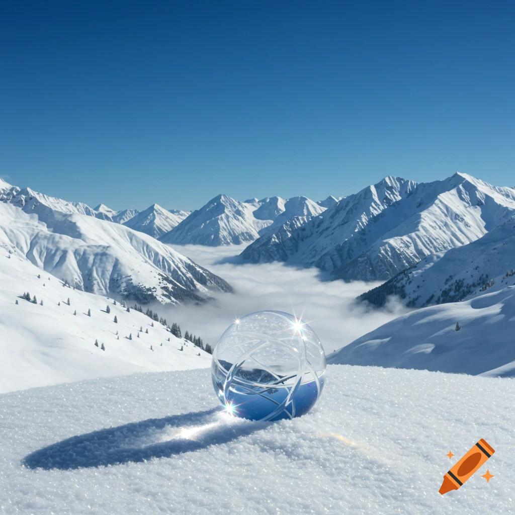 A photorealistic crystal ball reflecting blue light on sparkling snow, with snow-covered mountains and a cloud-filled valley under a clear blue sky.