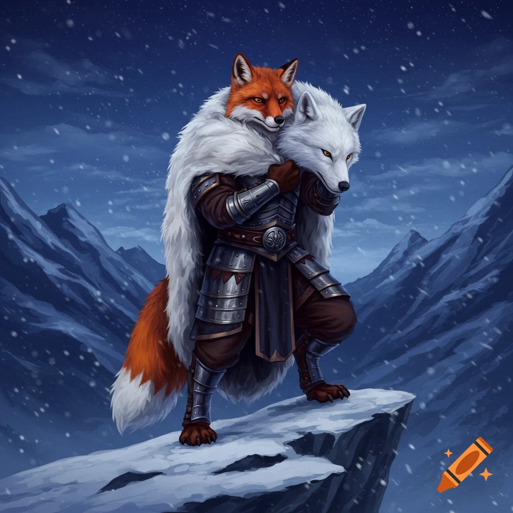 A red fox anthropomorphic warrior in armor and a white wolf pelt stands on a snowy mountain peak.