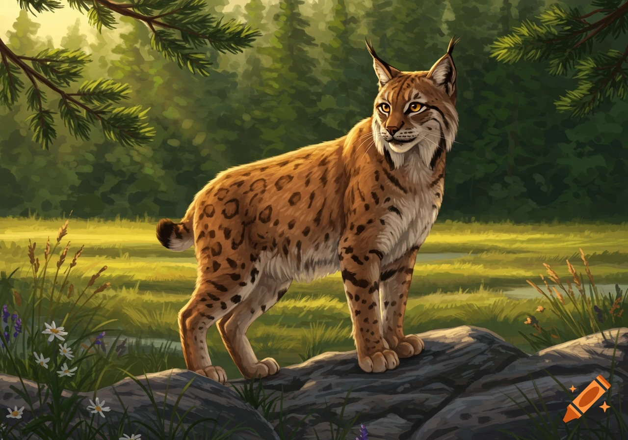 A lynx stands on a rock in a sunny forest clearing, rendered in a detailed digital painting style.