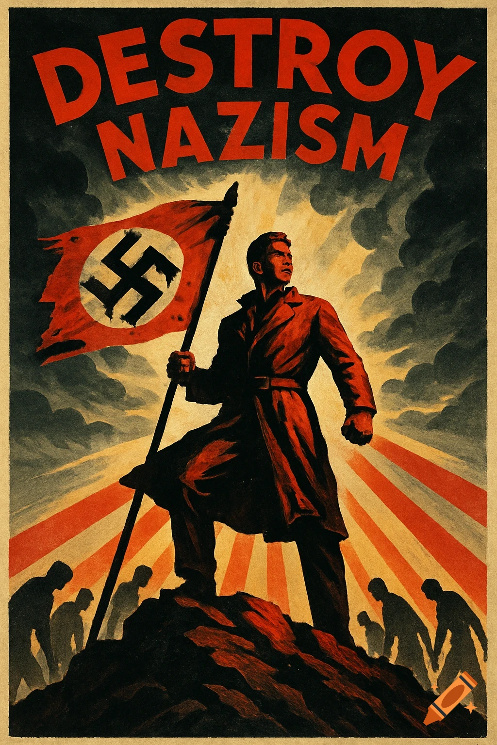 A vintage-style propaganda poster shows a man holding a tattered swastika flag, with text 'DESTROY NAZISM' above.