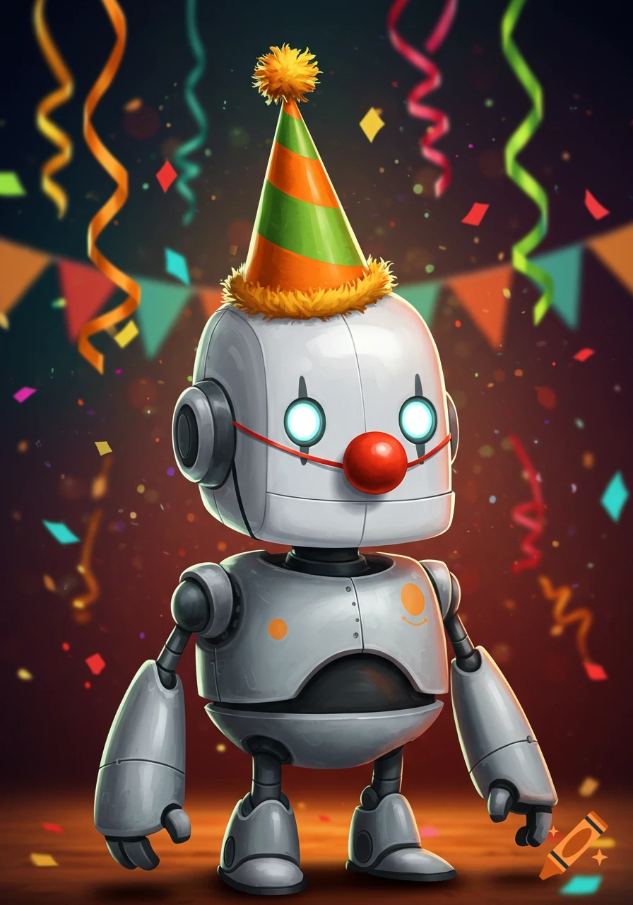 A cute white and grey robot wearing an orange and green striped party hat and a red clown nose, surrounded by confetti and streamers.