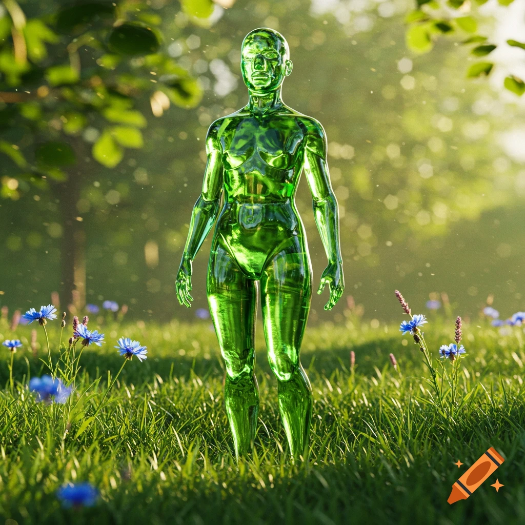 A photorealistic green glass humanoid figure stands in a sunny grassy field with blue flowers and blurred trees.