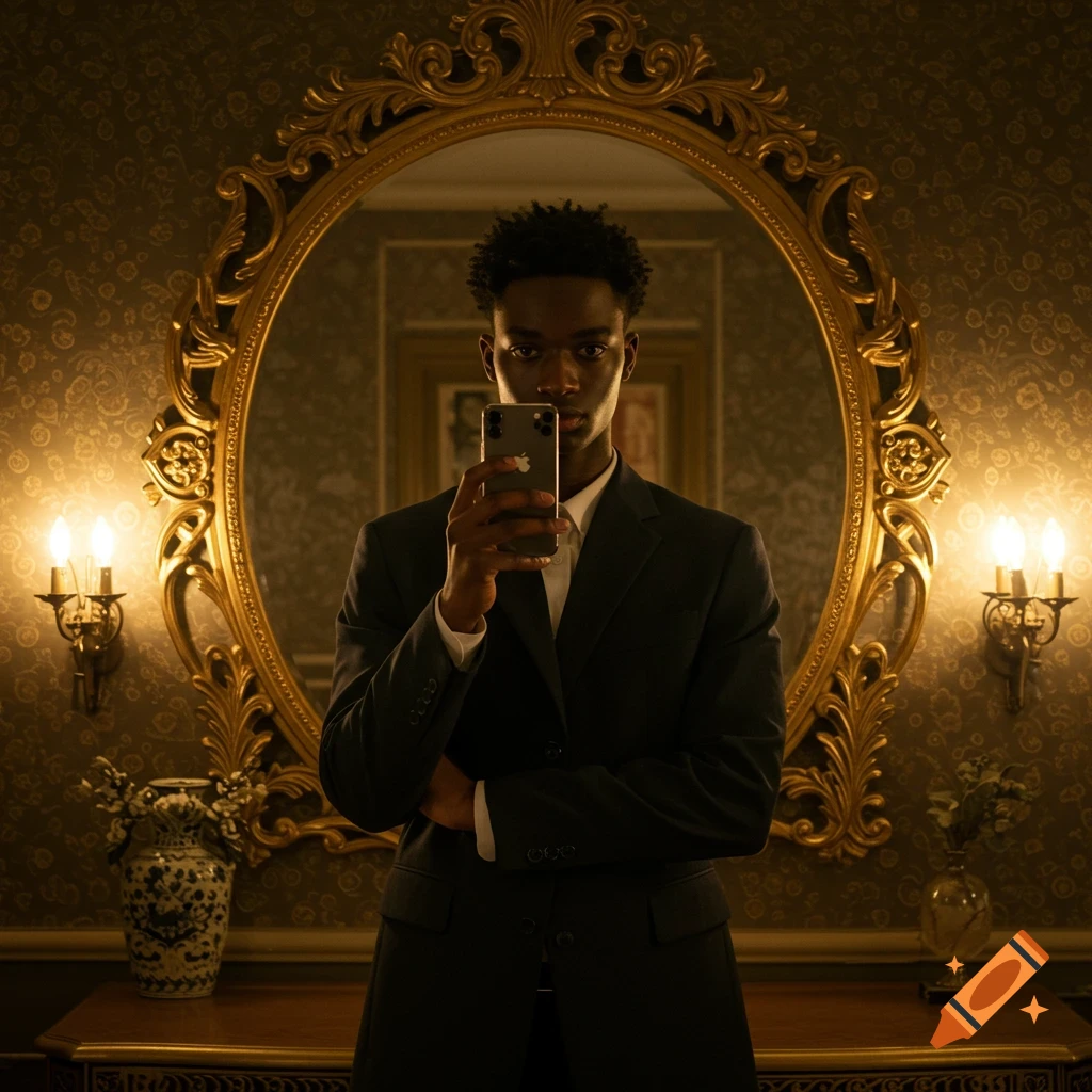 Young man in a suit taking a selfie in an ornate golden mirror with warm lighting in an elegant room, photorealistic.