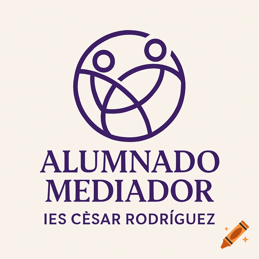 A purple logo featuring two stylized abstract figures within a circular outline, above the text "ALUMNADO MEDIADOR IES CÈSAR RODRÍGUEZ" on a light background.
