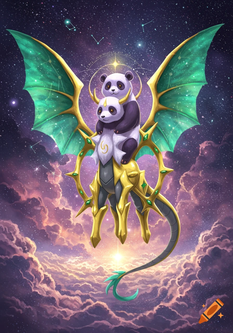 Two pandas ride a golden, winged dragon-like creature with green wings, flying through a starry, purple nebula.
