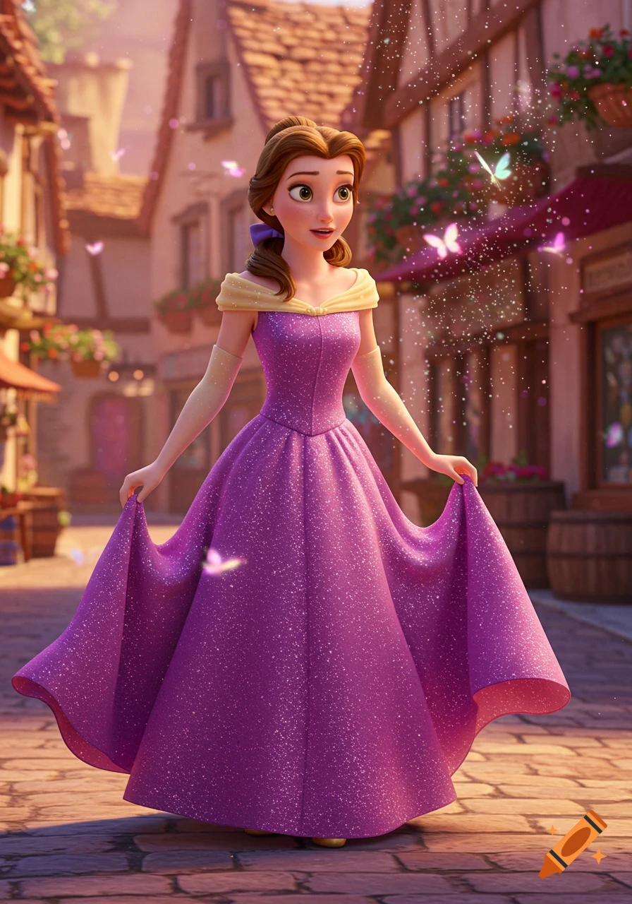 Belle in a shimmering purple dress stands in a vibrant Pixar-style village, surrounded by sparkling dust and butterflies.