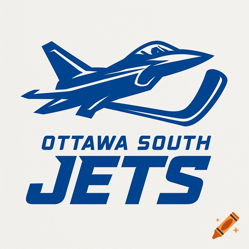 Blue and white stylized logo of a fighter jet above a hockey stick with 'OTTAWA SOUTH JETS' text.