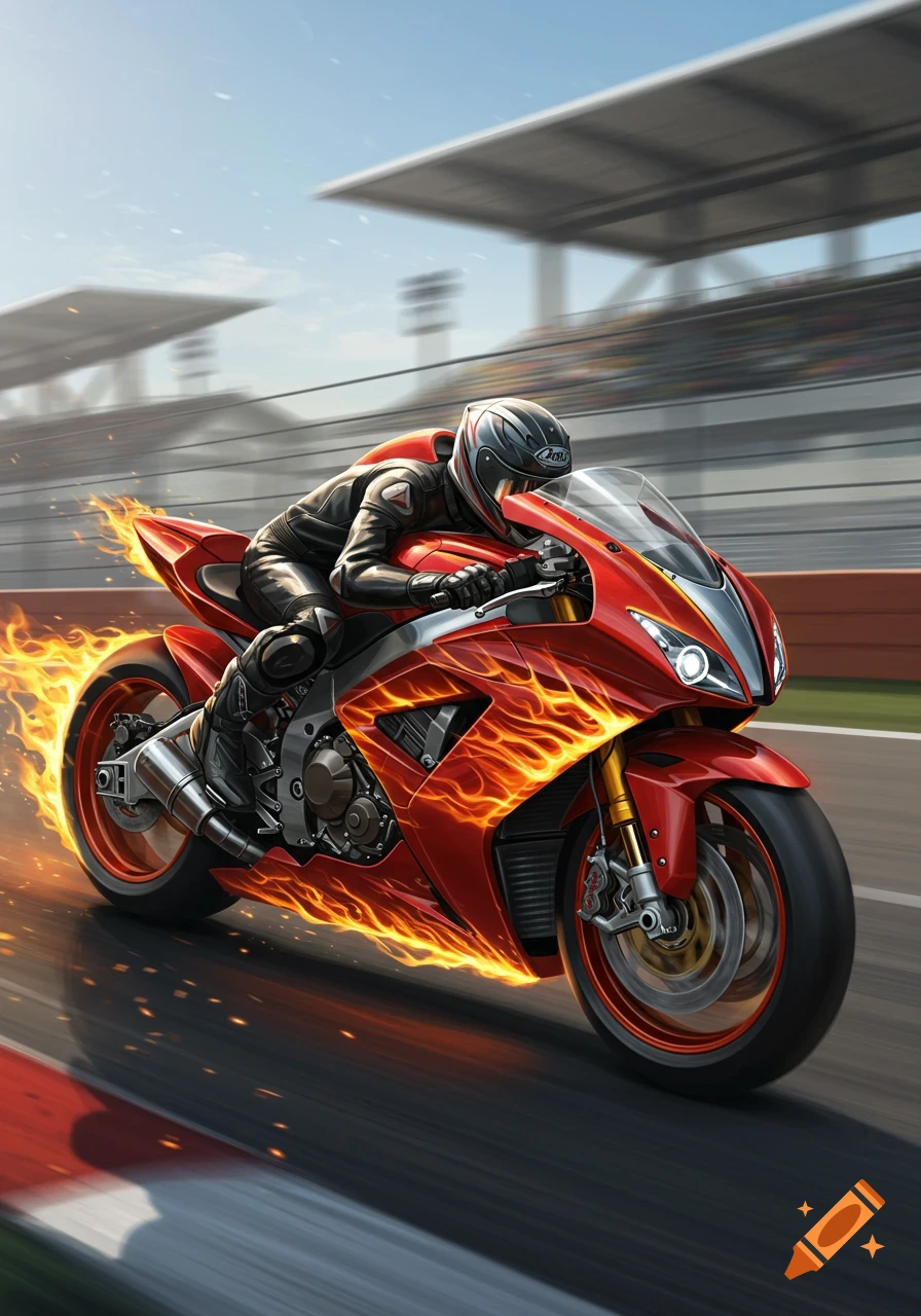 A racer on a red motorcycle with fire effects speeding down a race track, with grandstands in the background.