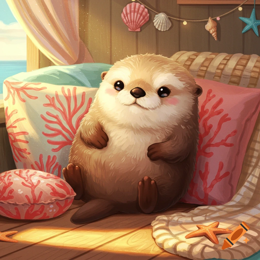Cute, fluffy otter illustration on a wooden deck by the ocean, surrounded by beach-themed pillows and shells.