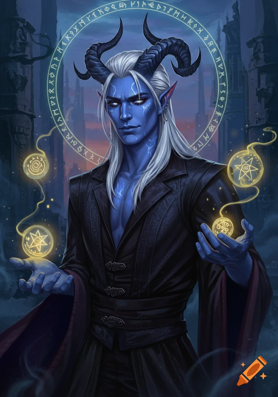 Blue-skinned Tiefling male with white hair, horns, glowing eyes, holding magical orbs amidst a rune circle in a dark fantasy setting.