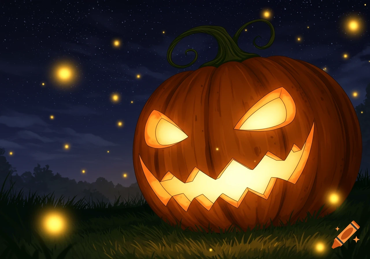 A spooky jack-o'-lantern with glowing eyes and a jagged smile sits in the grass at night, surrounded by fireflies and stars in a colorful manga style.