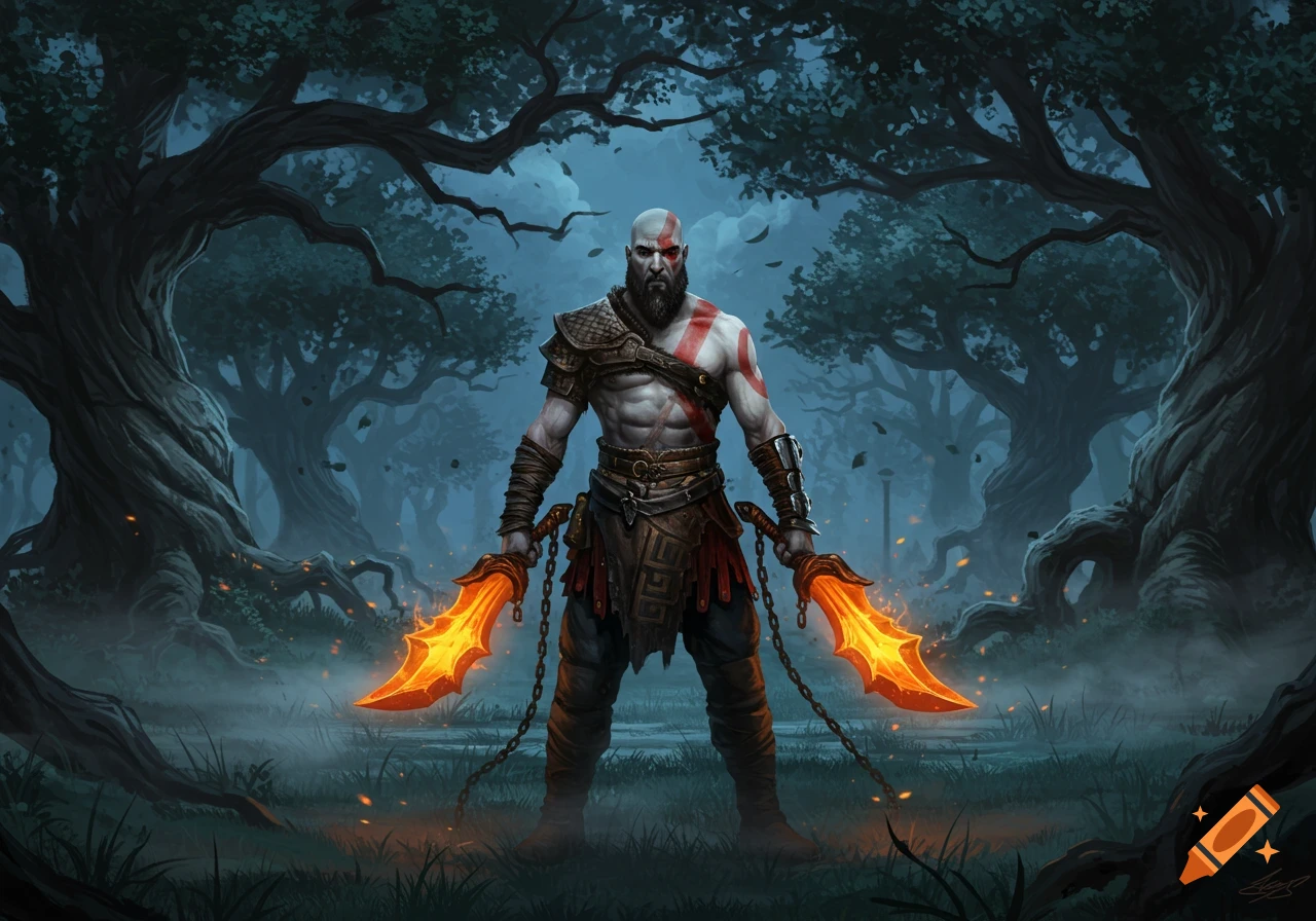 Kratos, a muscular bald warrior with red markings, stands in a dark, misty forest holding two fiery blades.