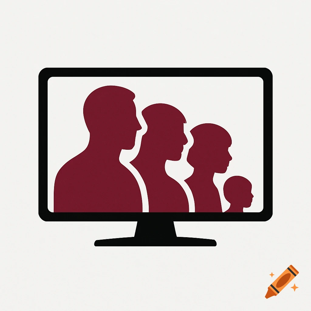 A minimalist logo featuring dark red silhouettes of a family inside a black television screen on a white background.