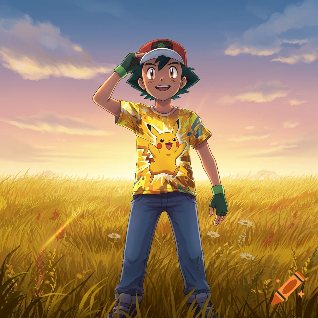 Ash Ketchum in a Pikachu t-shirt stands smiling in a golden field under a sunset sky, anime style.