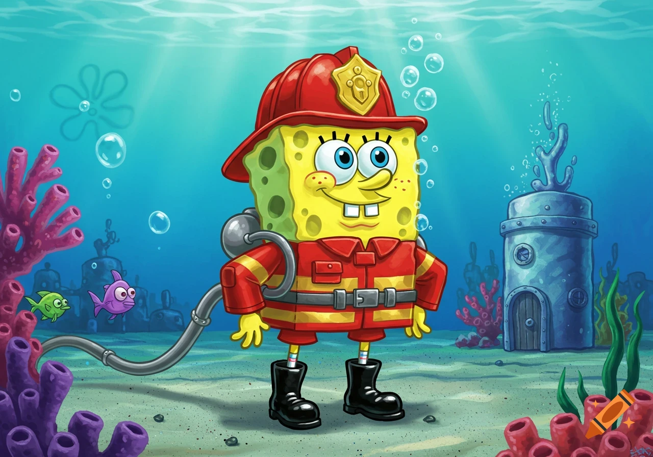 Spongebob Squarepants in a red firefighter uniform and black boots, standing underwater with coral and small fish.