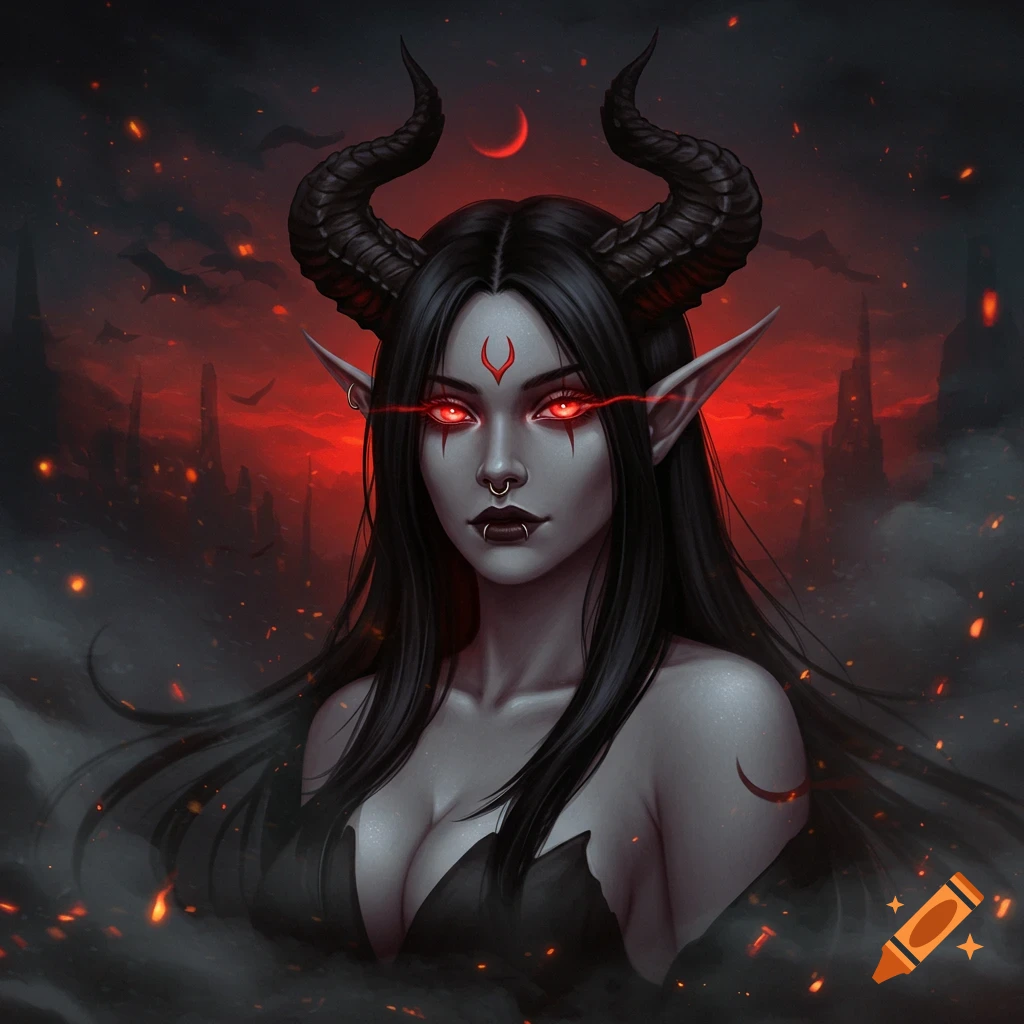Dark fantasy digital painting of a female demon with horns, long black hair, glowing red eyes, and a red sky background.