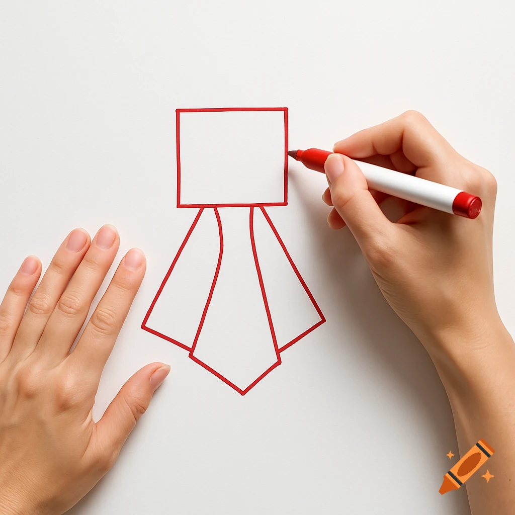 Top-down view of hands drawing a red square and dress shape on a white board with a marker.