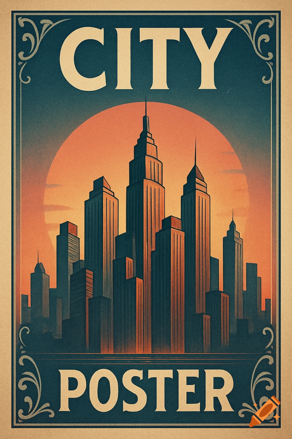 Vintage poster art of a city skyline with skyscrapers against an orange sunset, framed with decorative borders and text 'CITY POSTER'.