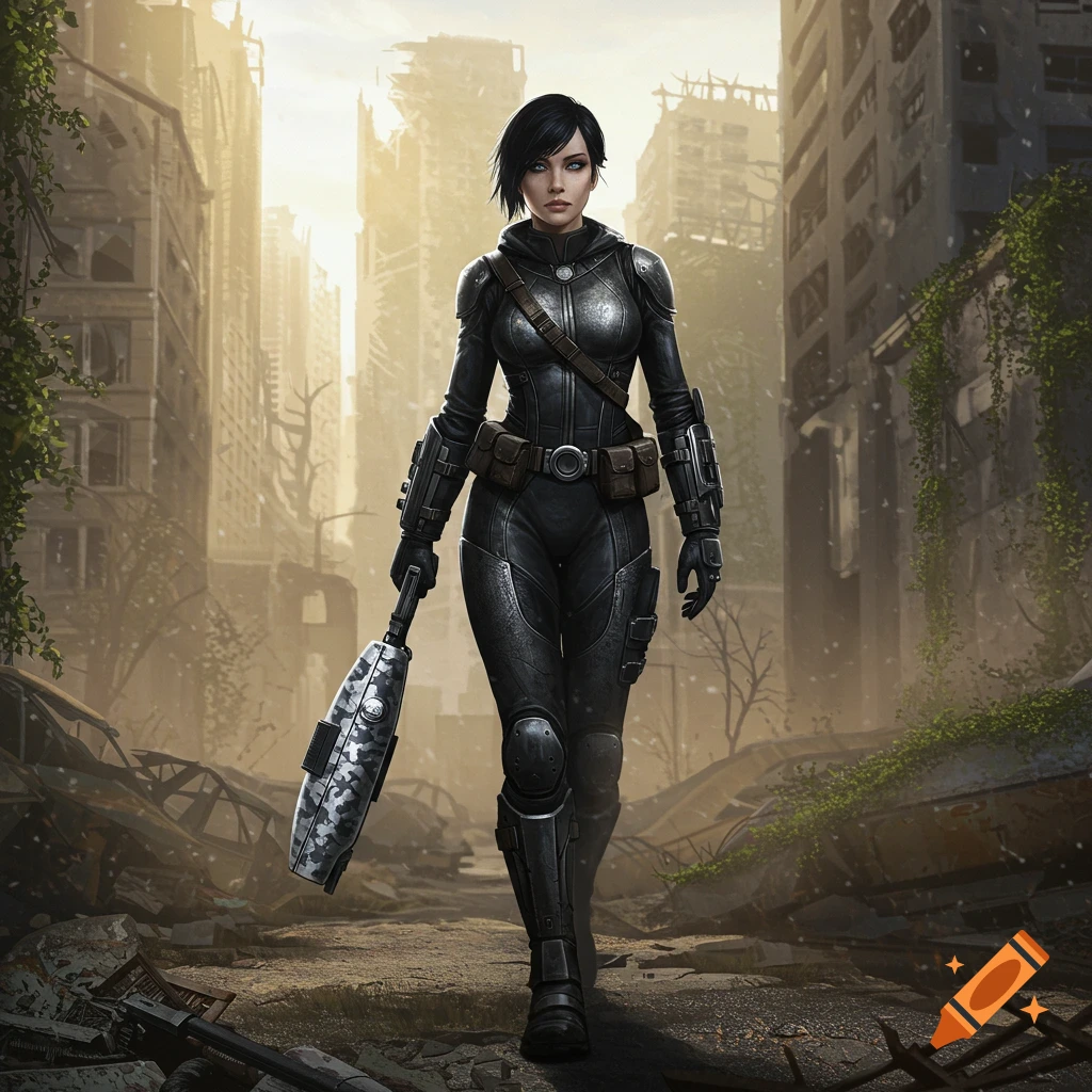A woman in a black armored suit with short black hair and blue eyes walks through a desolate, ruined city holding a weapon.