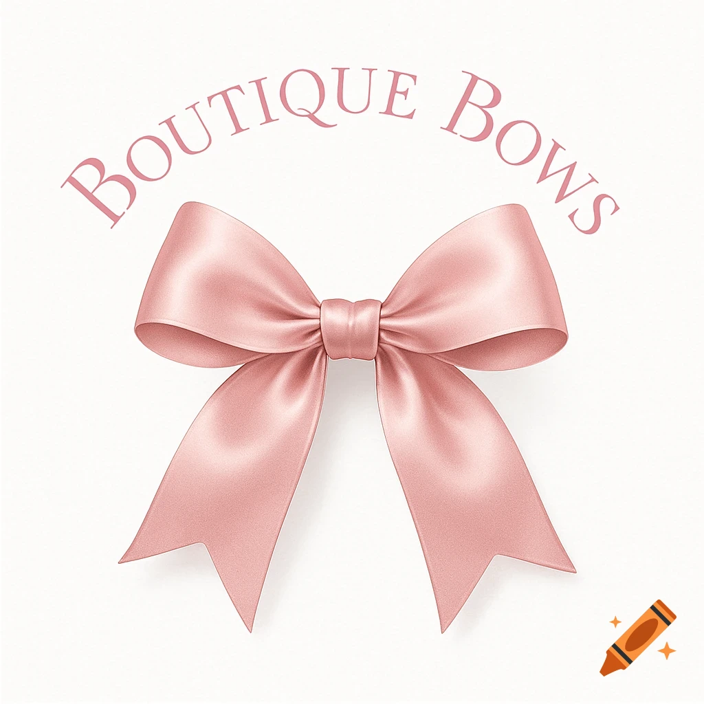 A pink satin bow centered on a white background, with curved pink text 'Boutique Bows' above it.