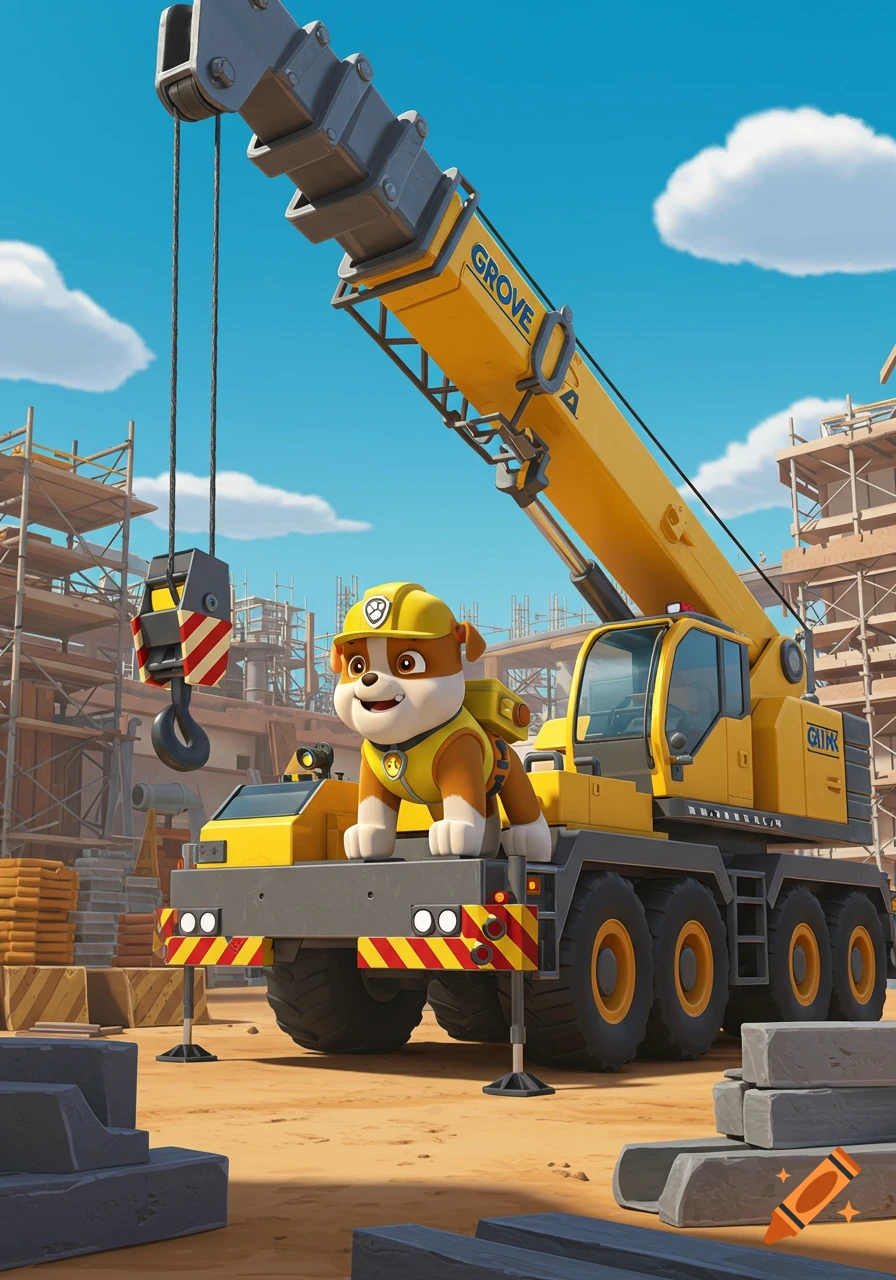 Rubble from Paw Patrol in a yellow construction helmet and vest, standing on a large yellow mobile crane at a construction site under a blue sky.