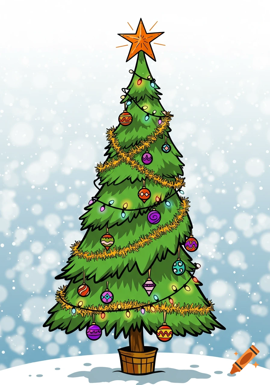 A drawing of a funky green Christmas tree adorned with colorful ornaments, golden tinsel, string lights, and an orange star, on a snowy ground.