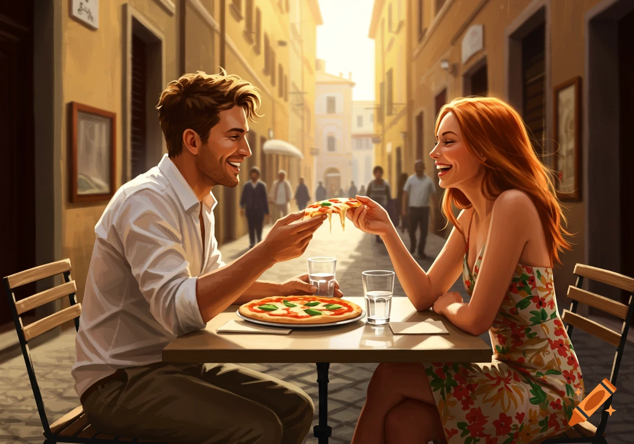 A smiling couple sharing a slice of pizza at an outdoor cafe table on a sunny European street, illustrated style.