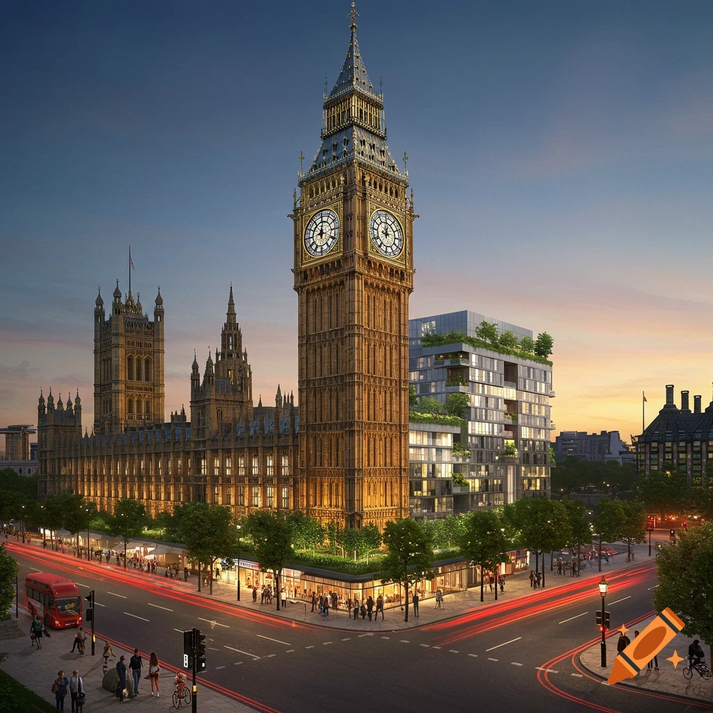 Photorealistic image of Big Ben and a modern building with green roofs, overlooking a bustling London street at dusk with red light trails.