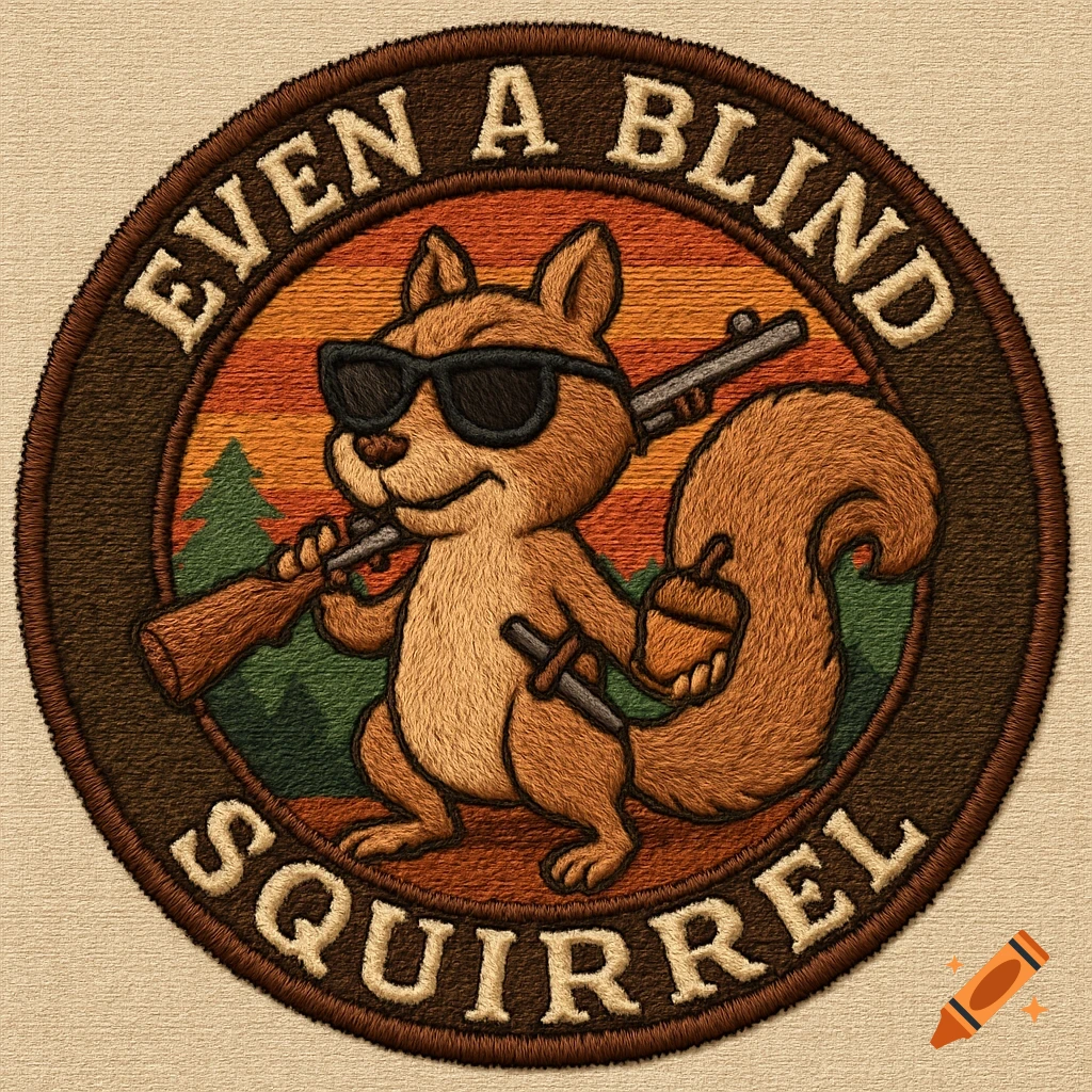 Embroidered patch: A cool cartoon squirrel in sunglasses holds a rifle and an acorn. Text: 'EVEN A BLIND SQUIRREL'.