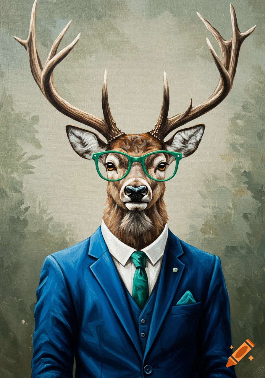 Acrylic painting of a sophisticated deer wearing a blue suit and green glasses, with antlers, against a soft green background.