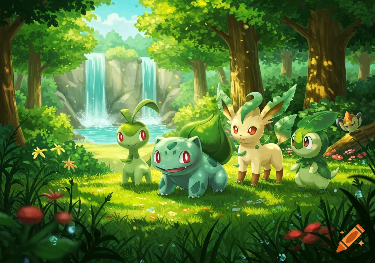 Vibrant illustration of four grass-type Pok emon in a lush forest with waterfalls.