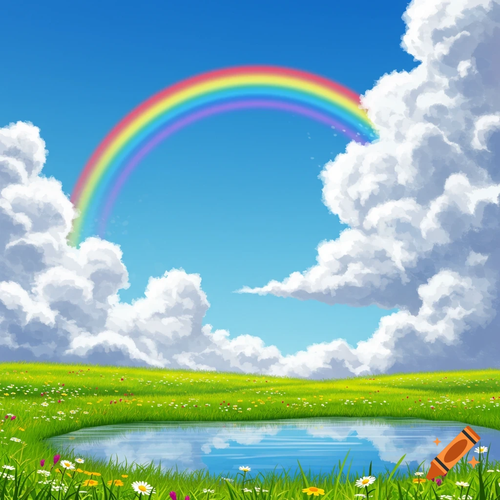 A vibrant, stylized landscape features a large rainbow arching over fluffy clouds, green grass with wildflowers, and a reflective pond.