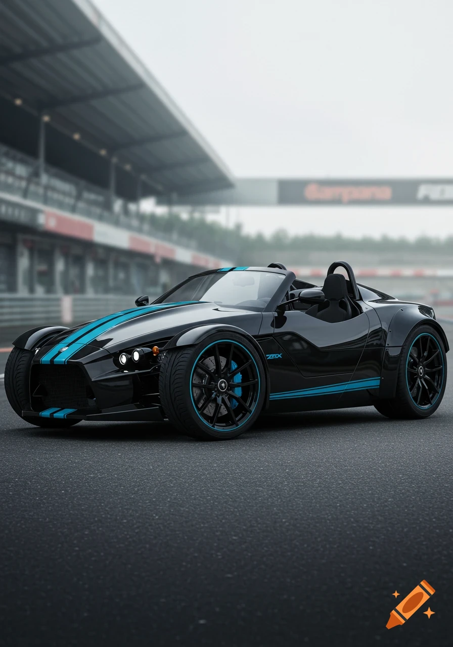 Black Campagna T-Rex sports car with sky blue rally stripes and accents, parked on a racetrack. Photorealistic.