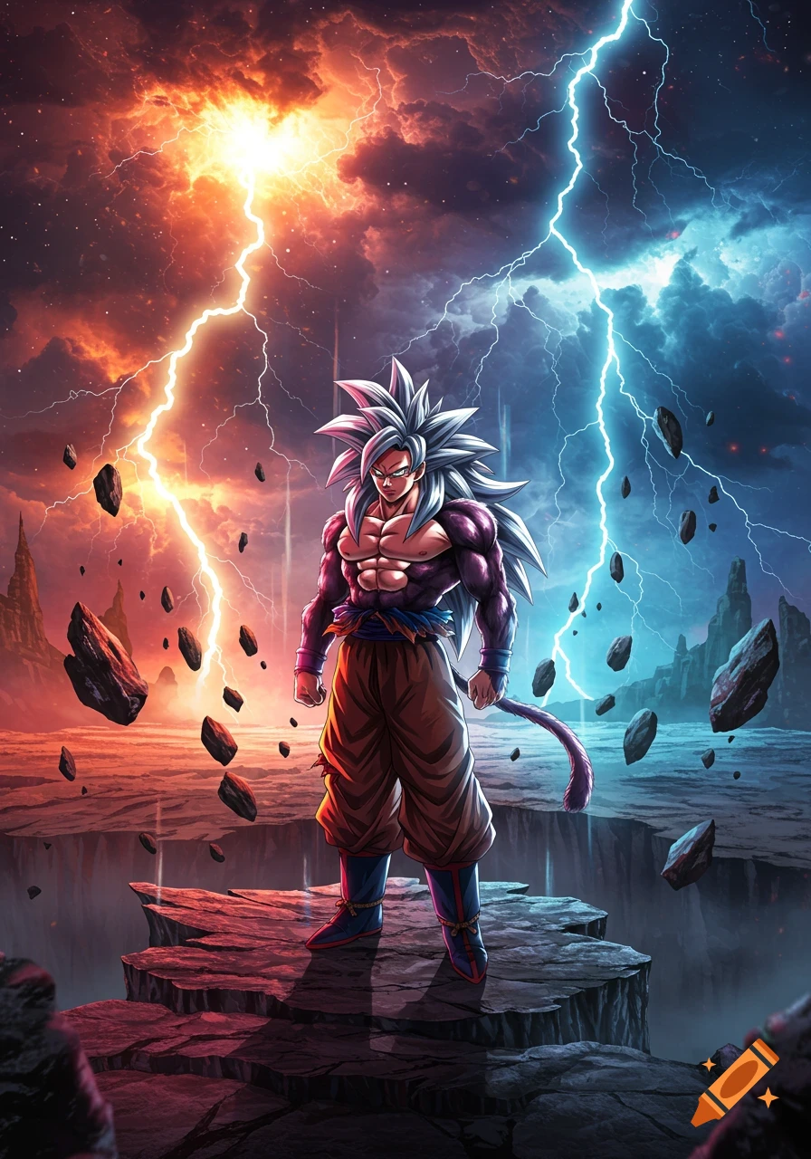 Anime style depiction of Goku with white spiky hair and purple fur, standing on jagged rocks under a dramatic, lightning-filled red and blue sky.