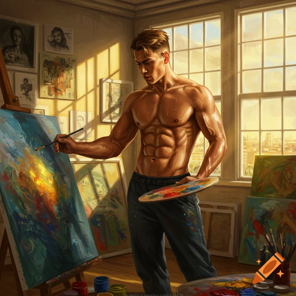 A shirtless, muscular man paints on an easel in a sunny art studio filled with various paintings, holding a palette.