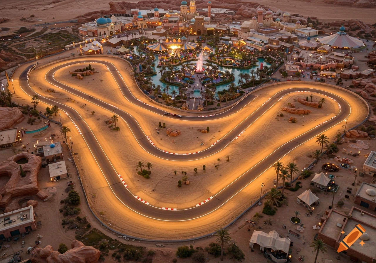 Aerial view of a winding, illuminated race track in a desert landscape next to a vibrant, fantasy-themed amusement park at dusk.