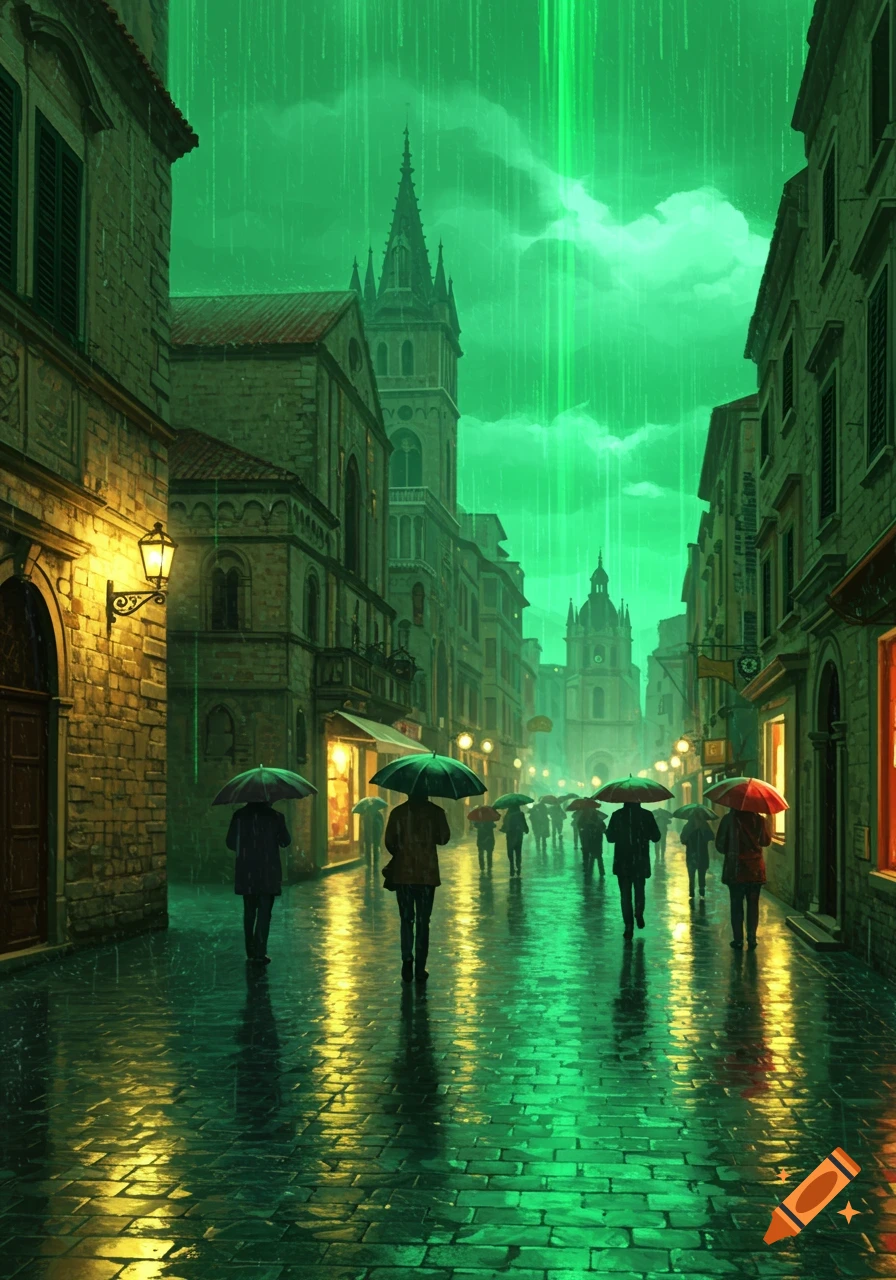A stylized European city street at night, with people walking under umbrellas in green glowing rain, reflecting off the wet cobblestones.