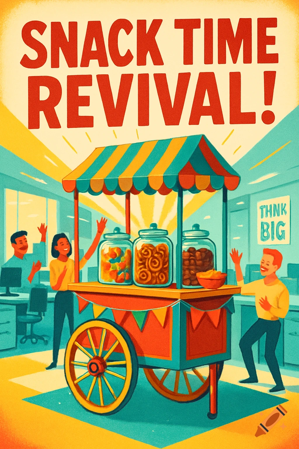 A retro-style illustration of a snack cart surrounded by happy office workers, with a "SNACK TIME REVIVAL!" banner.