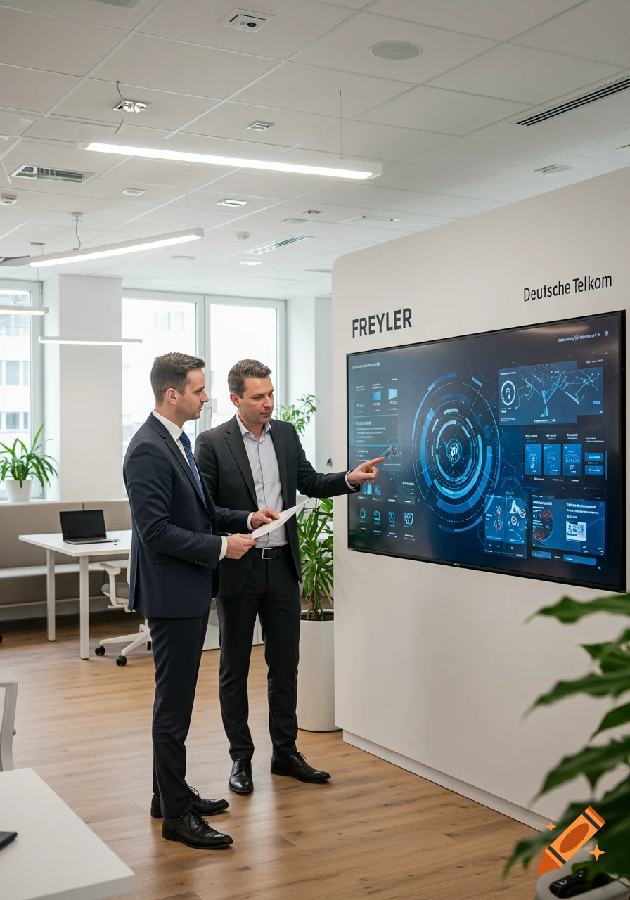 Two businessmen in suits discussing data on a large digital screen in a modern office.