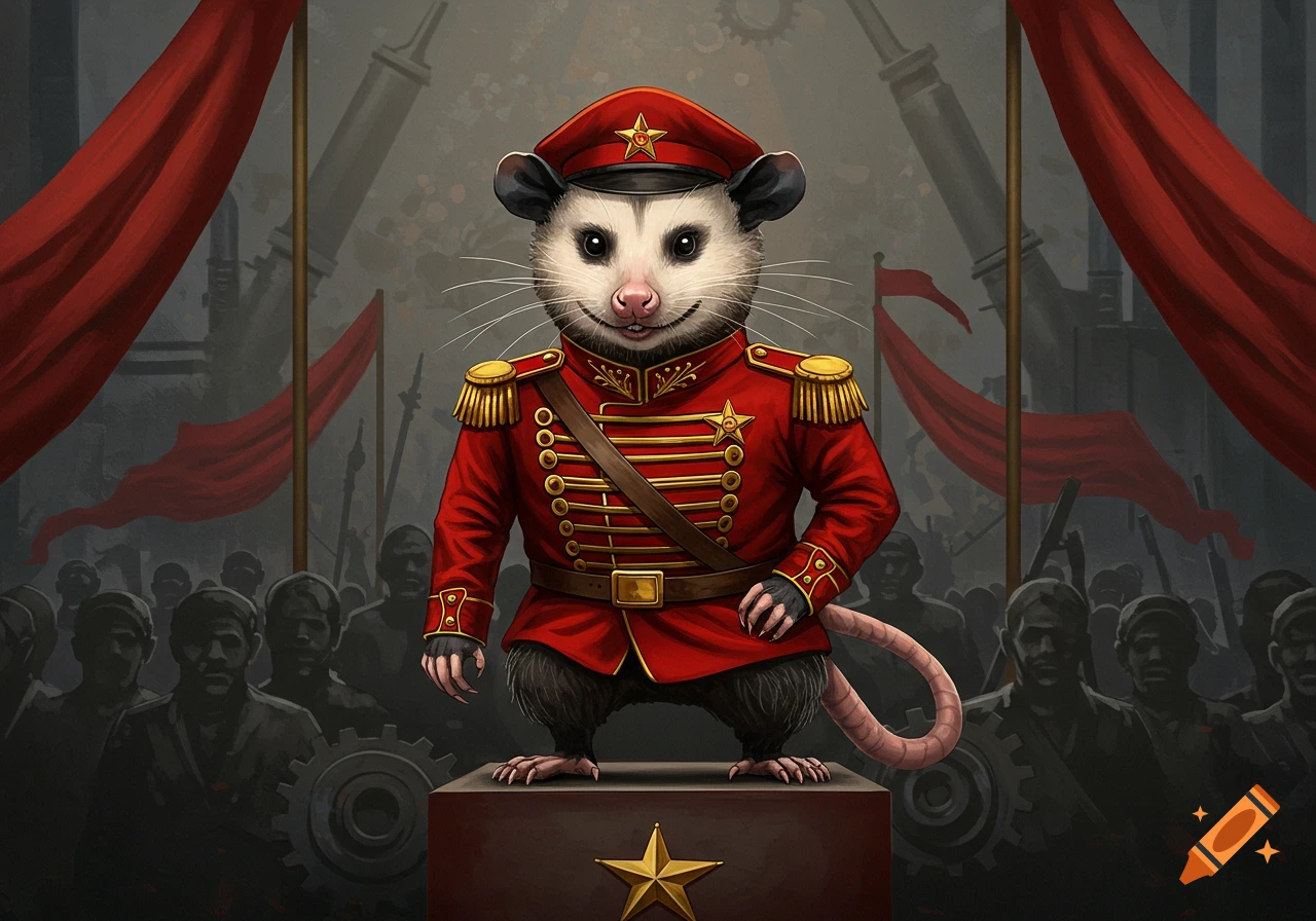 An illustration of a smiling opossum in a red military uniform with a star hat, standing on a podium with a gold star, before a crowd with red flags.