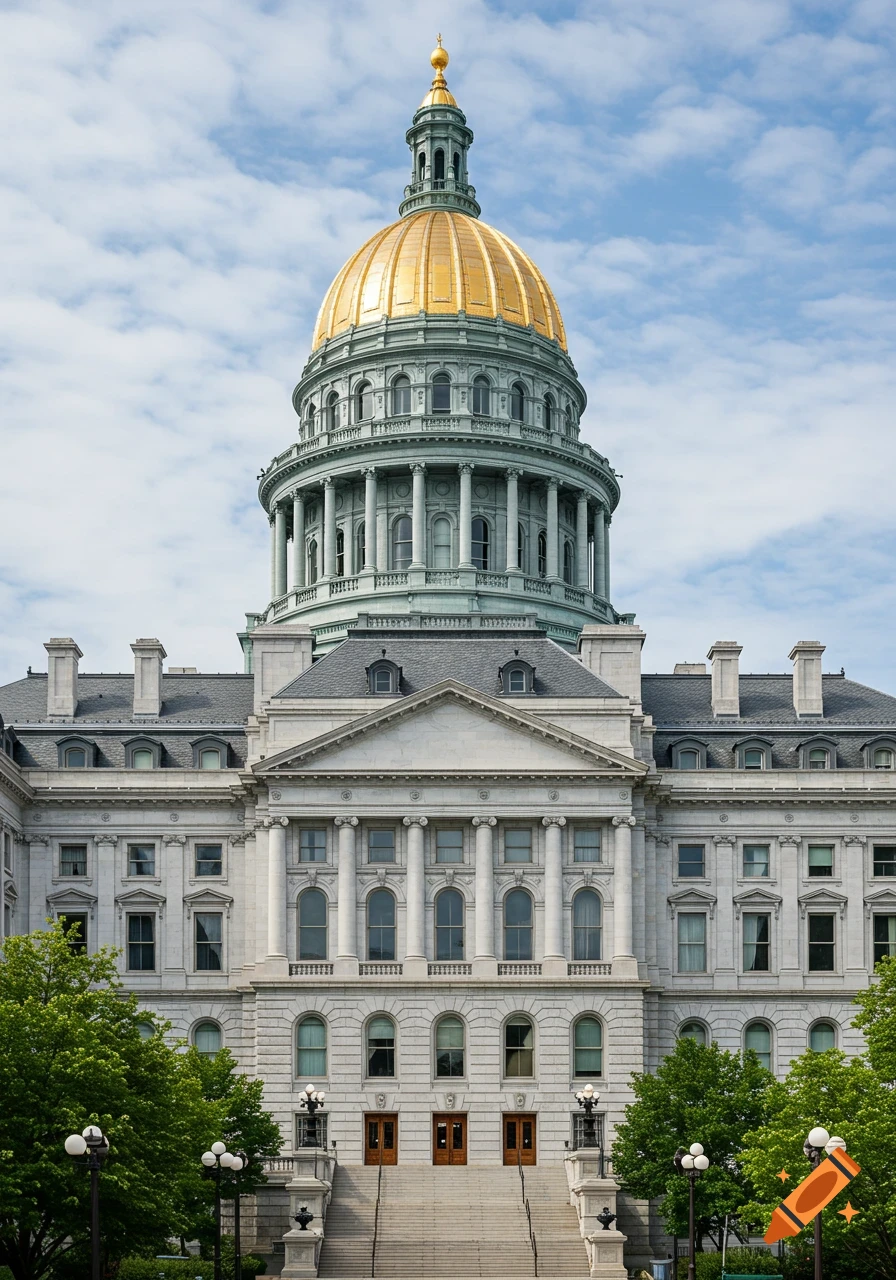 A grand neoclassical building with a golden dome and a wide staircase under a partly cloudy sky.