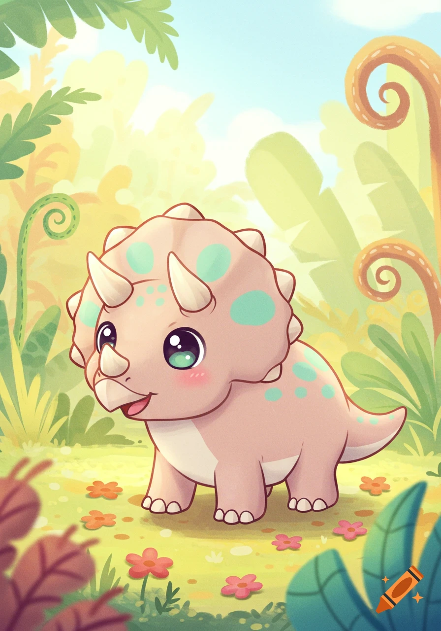 A cute, smiling chibi triceratops with large eyes stands in a lush, stylized jungle with flowers.