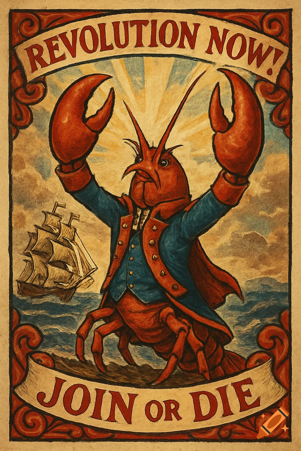A vintage-style propaganda poster depicts a lobster in a blue and red military coat, raising its claws. Text reads 'REVOLUTION NOW!' and 'JOIN OR DIE'. A ship sails in the background.