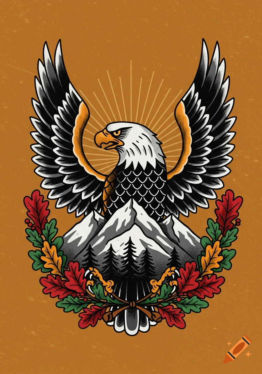 American traditional tattoo of an eagle with spread wings, snowy mountains, and an oak leaf wreath with golden rays.