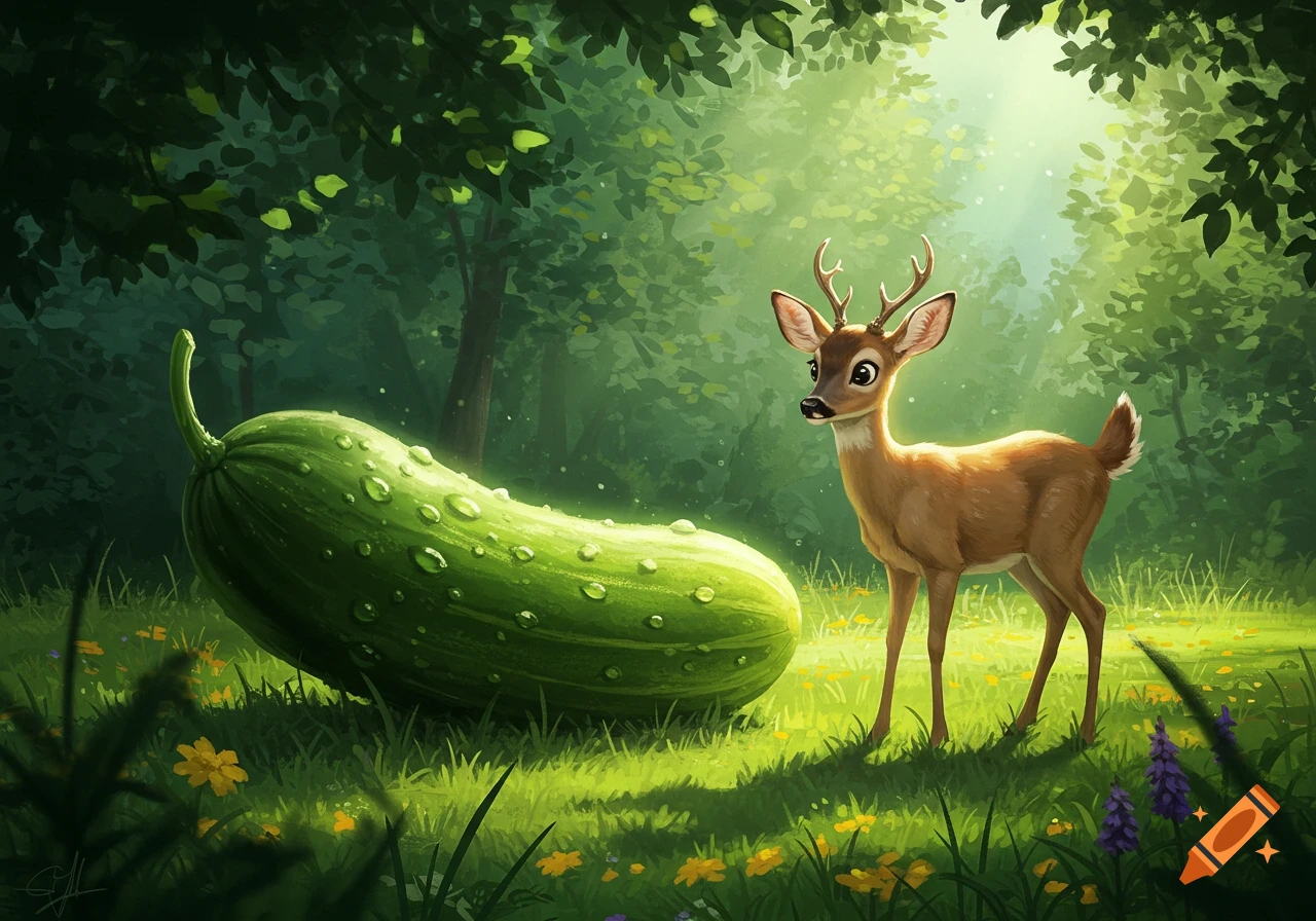 A cute, wide-eyed deer stands next to a giant, dewy cucumber in a sun-dappled green forest, cartoon style.